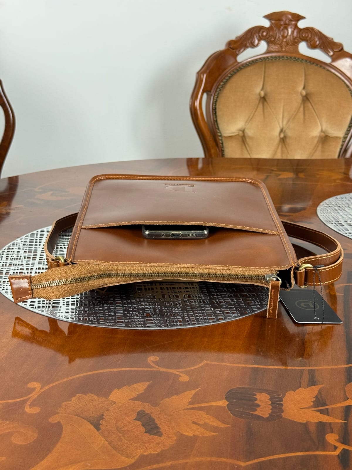 Genuine Leather Crossbody Bag with High-Quality Brass Accessories