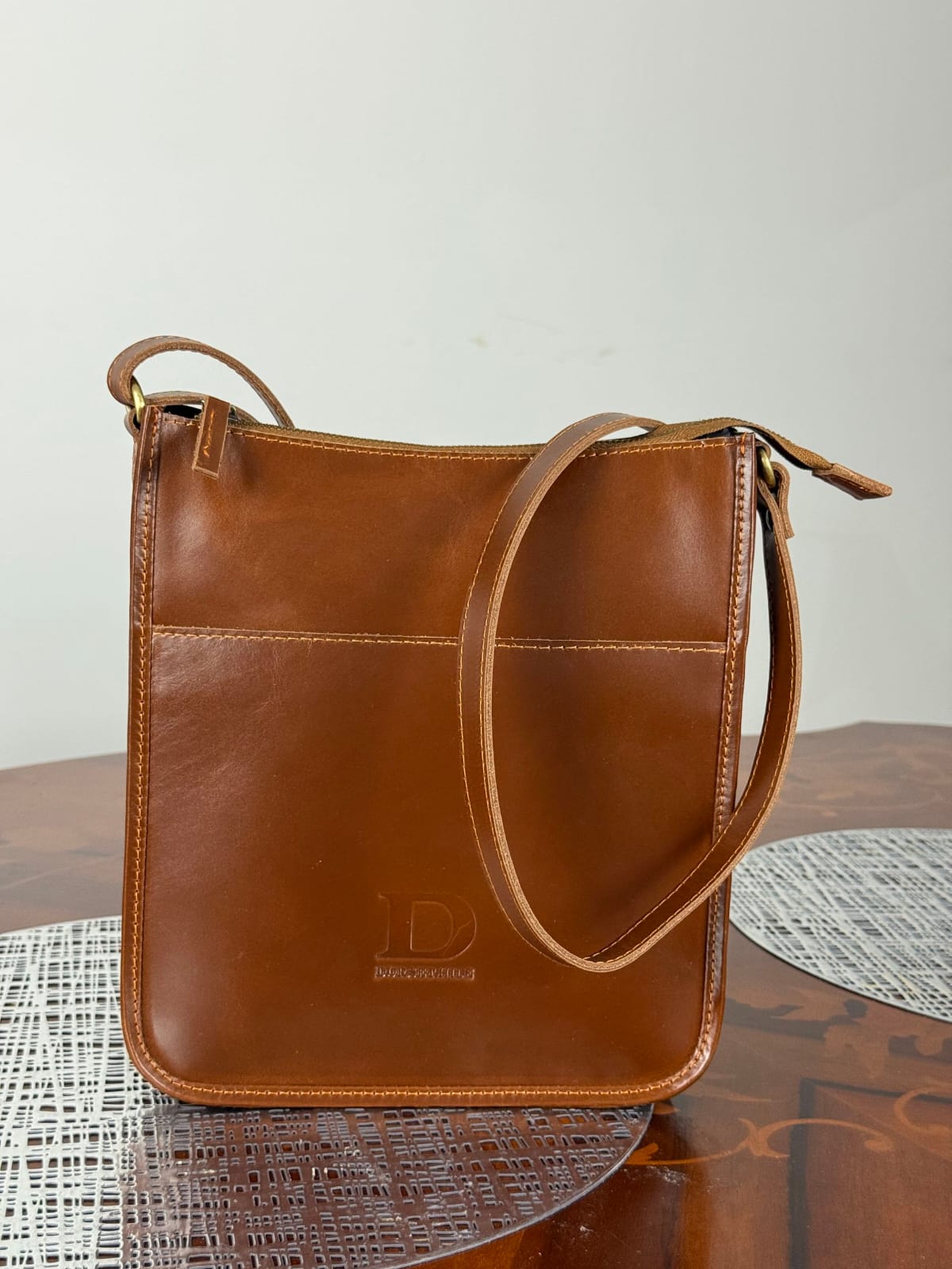 Genuine Leather Crossbody Bag with High-Quality Brass Accessories