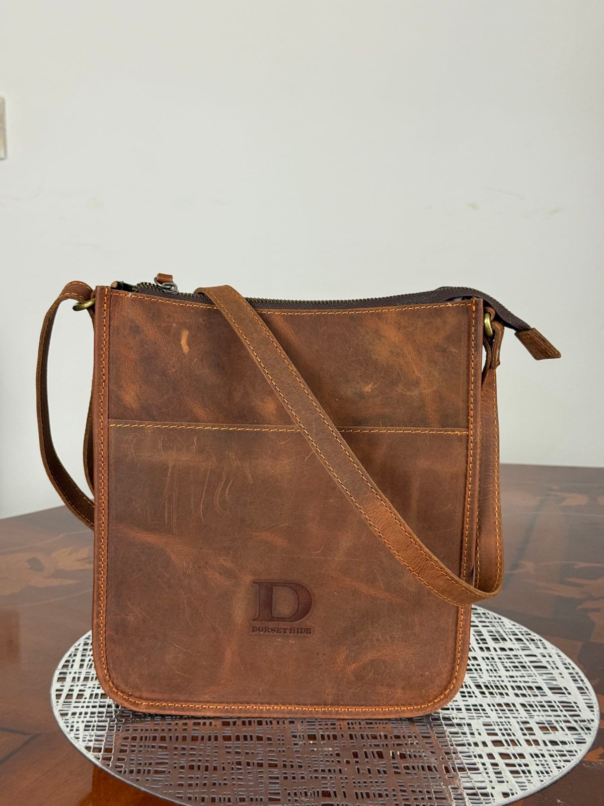 Genuine Leather Crossbody Bag with High-Quality Brass Accessories