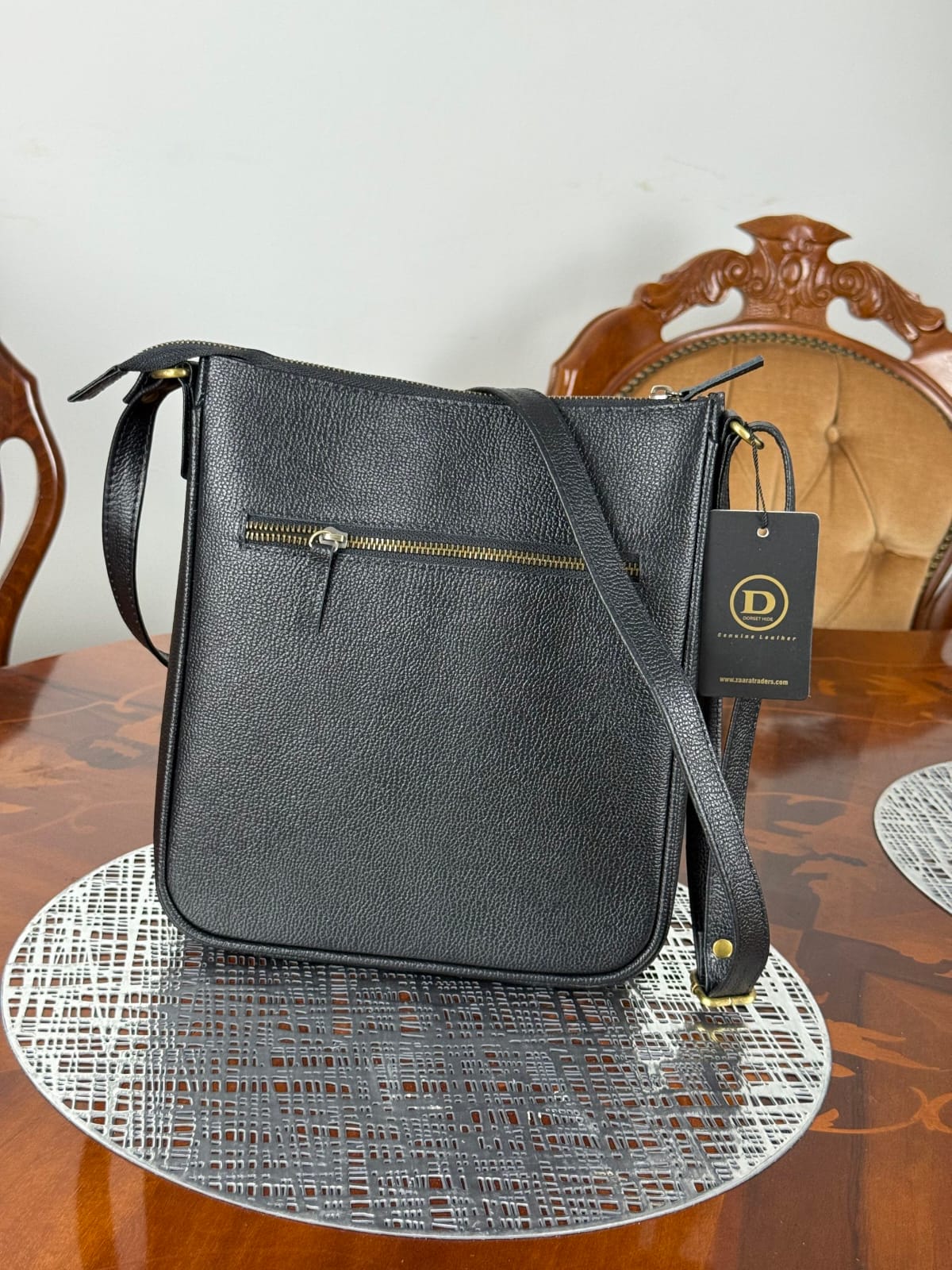 Genuine Leather Crossbody Bag with High-Quality Brass Accessories