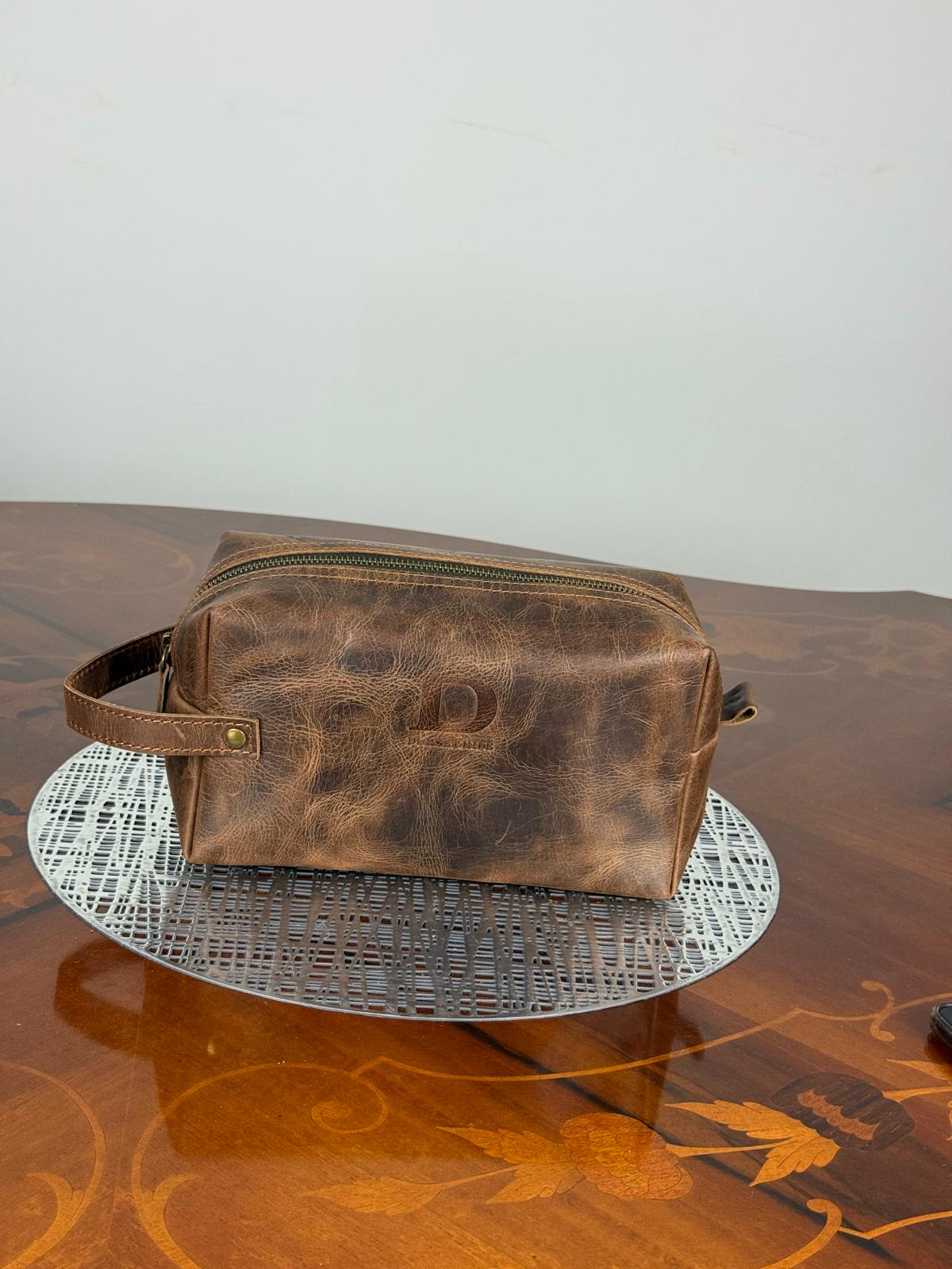 Genuine Waxed Leather Toiletry Bag, Unisex Dopp Kit Travel Wash Bag