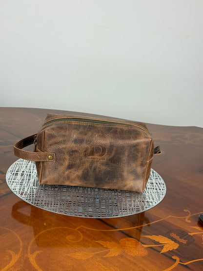 Genuine Waxed Leather Toiletry Bag, Unisex Dopp Kit Travel Wash Bag