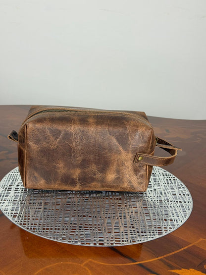 Genuine Waxed Leather Toiletry Bag, Unisex Dopp Kit Travel Wash Bag