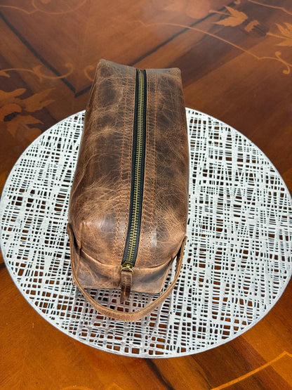 Genuine Waxed Leather Toiletry Bag, Unisex Dopp Kit Travel Wash Bag