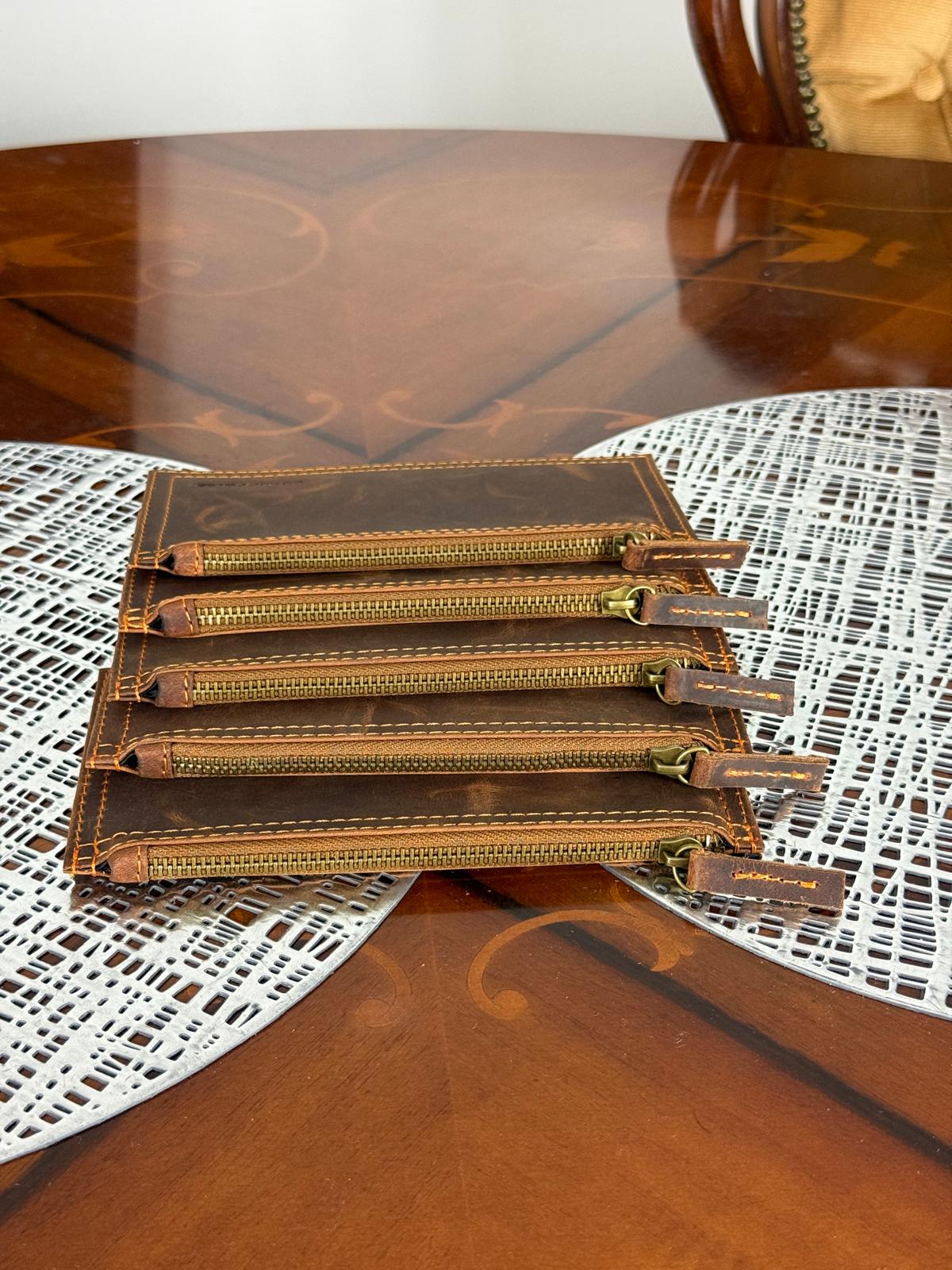 Genuine Leather Makeup Bag Brush Pouch Set, Waxed Grain Leather Cosmetic Bag