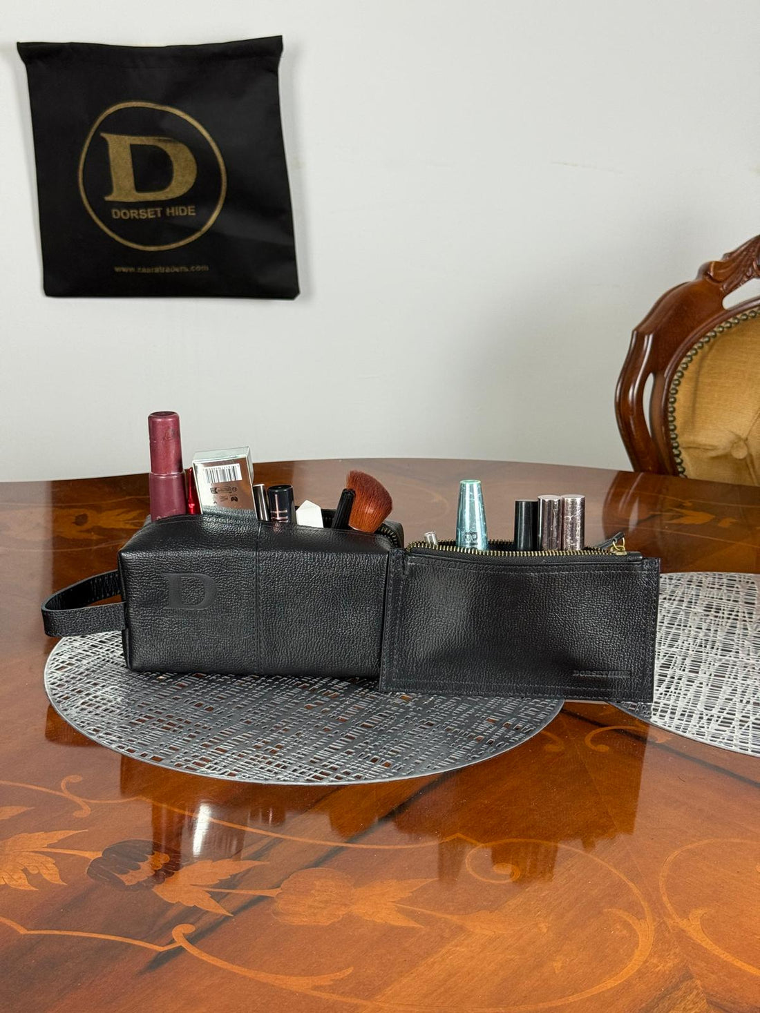 Genuine Leather Makeup Bag Brush Pouch Set, Waxed Grain Leather Cosmetic Bag