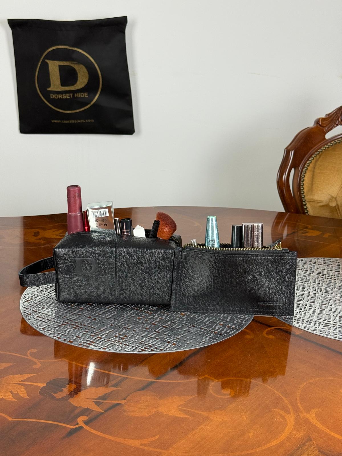 Genuine Leather Makeup Bag Brush Pouch Set, Waxed Grain Leather Cosmetic Bag