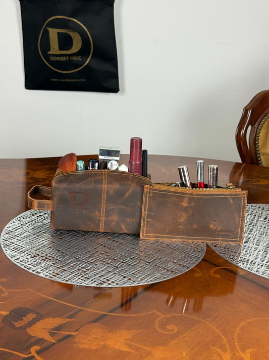 Genuine Leather Makeup Bag Brush Pouch Set, Waxed Grain Leather Cosmetic Bag