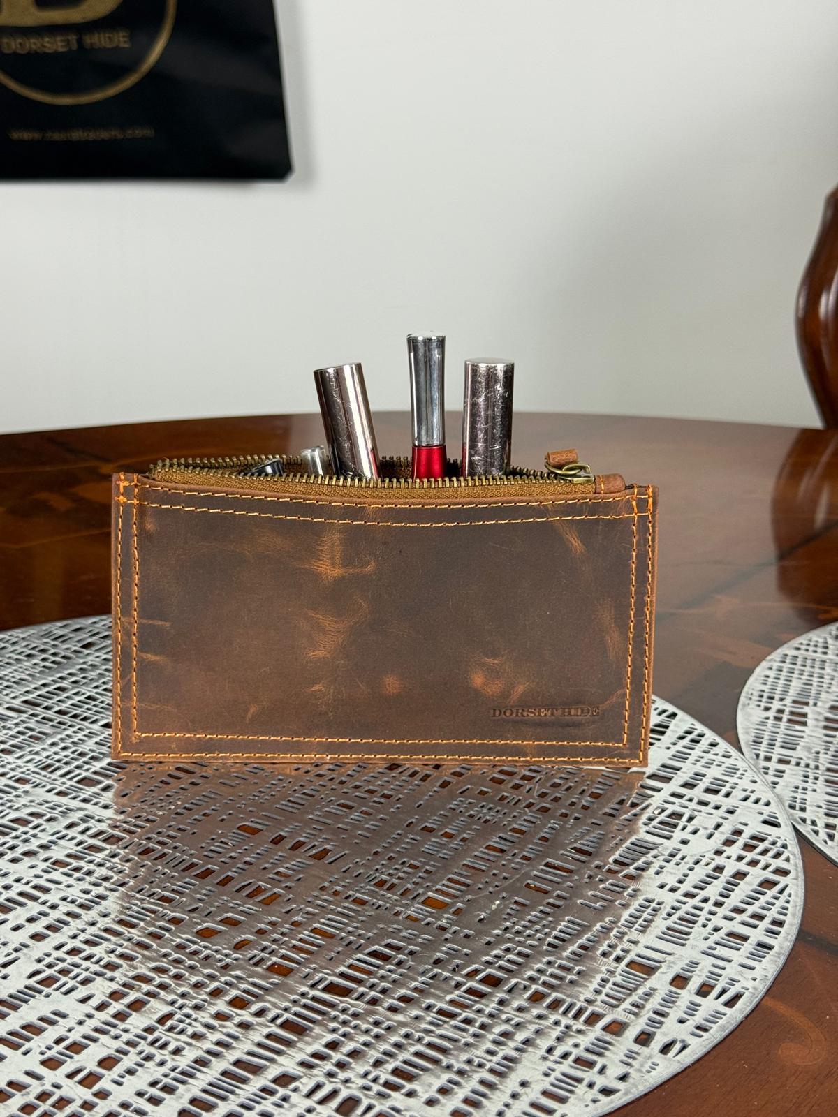 Genuine Leather Makeup Bag Brush Pouch Set, Waxed Grain Leather Cosmetic Bag