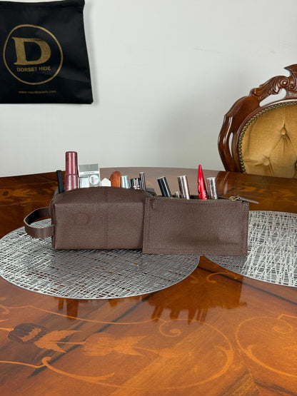 Genuine Leather Makeup Bag Brush Pouch Set, Waxed Grain Leather Cosmetic Bag