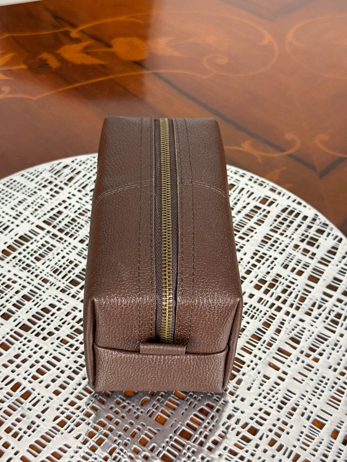 Genuine Leather Makeup Bag Brush Pouch Set, Waxed Grain Leather Cosmetic Bag