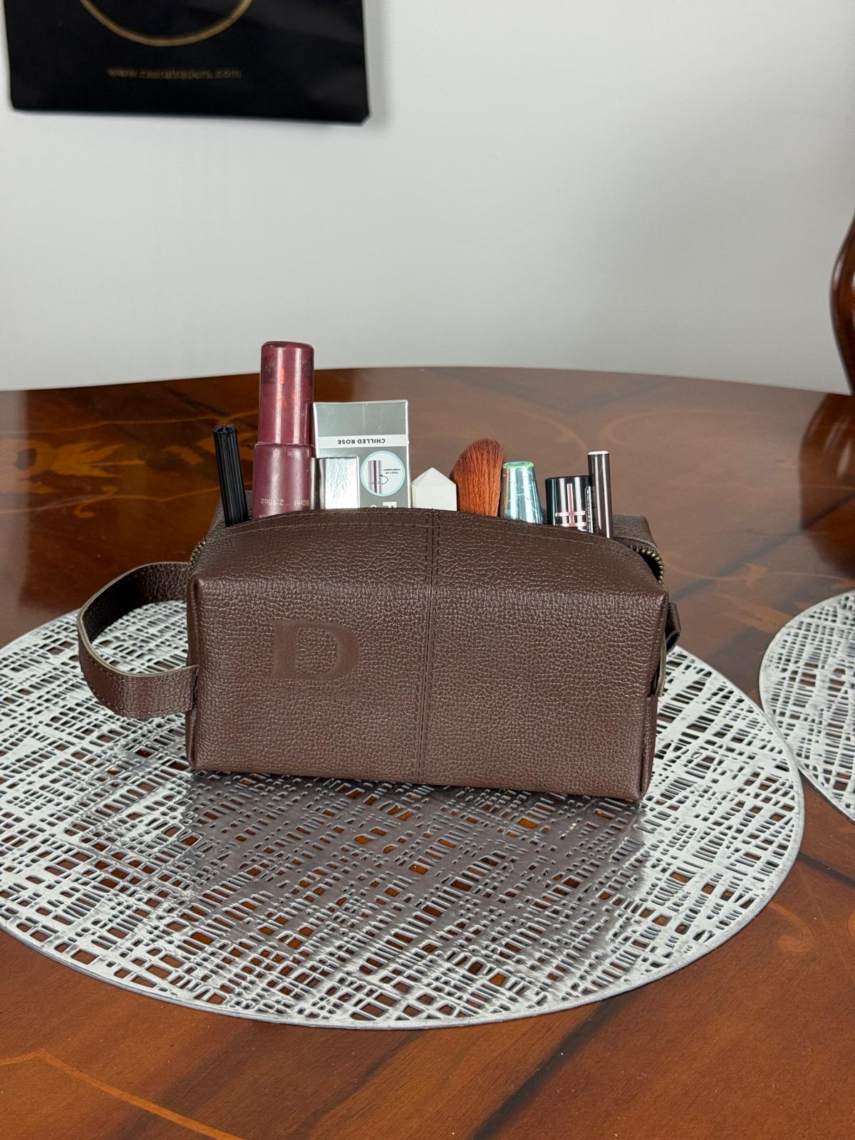 Genuine Leather Makeup Bag Brush Pouch Set, Waxed Grain Leather Cosmetic Bag