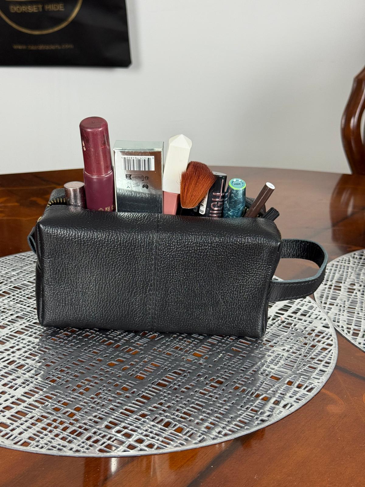 Genuine Leather Makeup Bag Brush Pouch Set, Waxed Grain Leather Cosmetic Bag