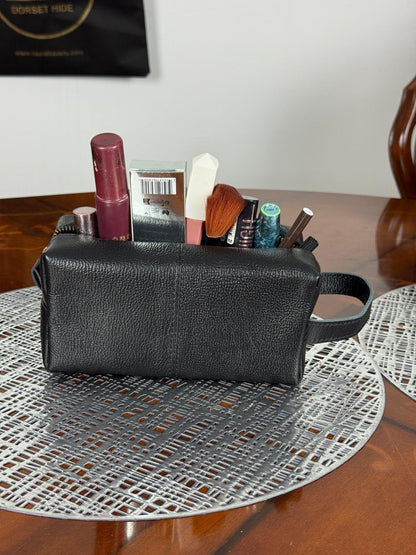Genuine Leather Makeup Bag Brush Pouch Set, Waxed Grain Leather Cosmetic Bag
