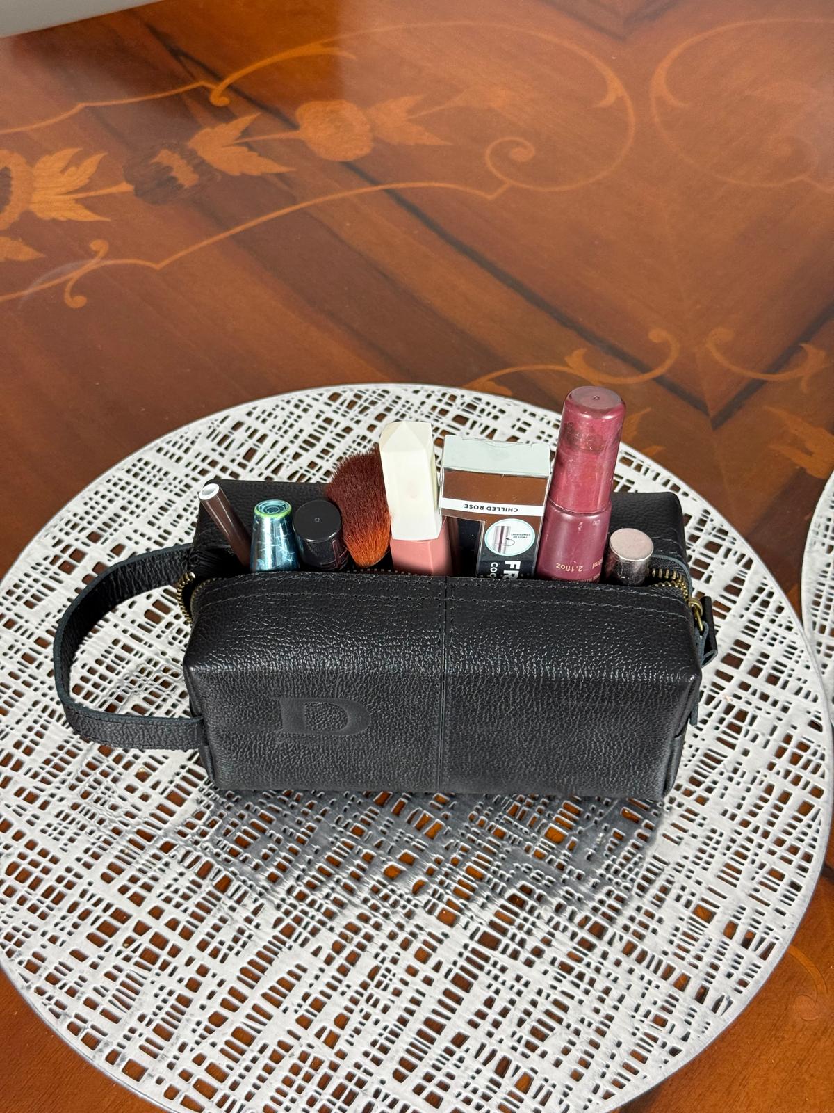 Genuine Leather Makeup Bag Brush Pouch Set, Waxed Grain Leather Cosmetic Bag