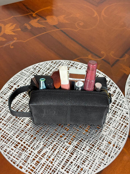 Genuine Leather Makeup Bag Brush Pouch Set, Waxed Grain Leather Cosmetic Bag