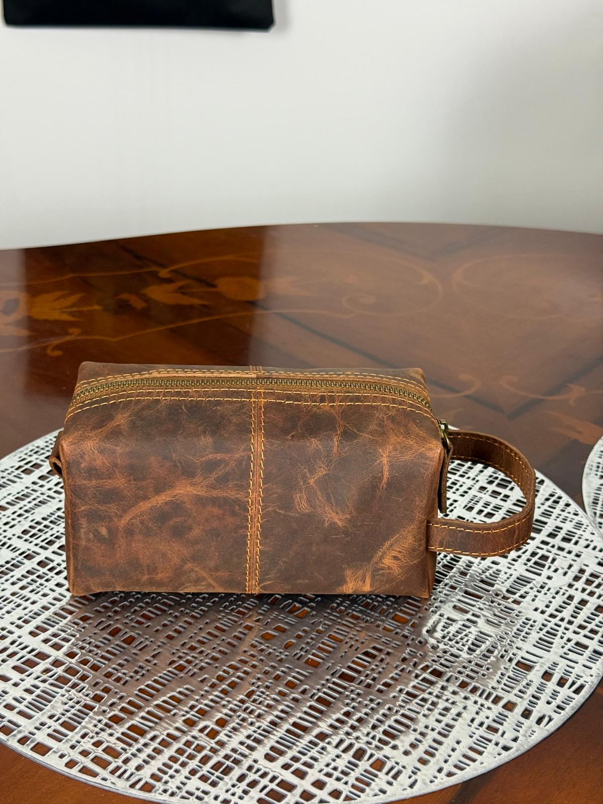 Genuine Leather Makeup Bag Brush Pouch Set, Waxed Grain Leather Cosmetic Bag