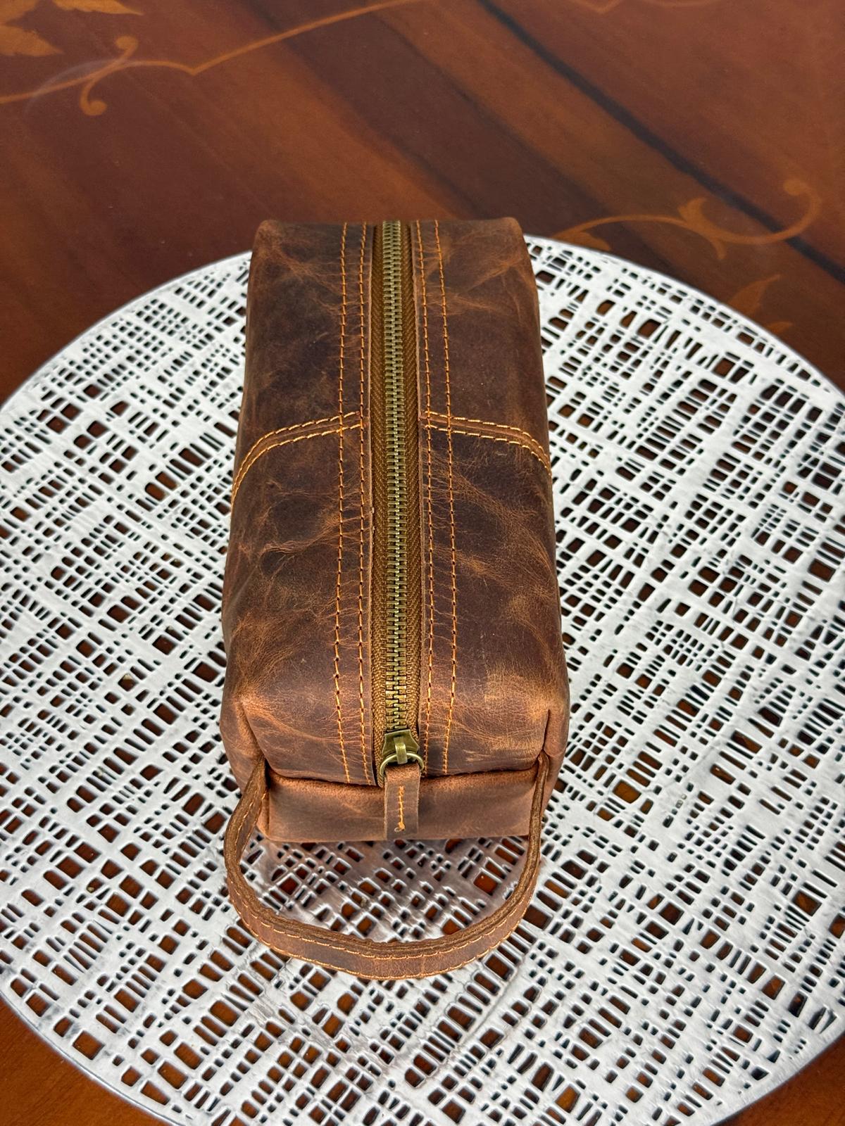 Genuine Waxed Leather Toiletry Bag, Unisex Dopp Kit Travel Wash Bag
