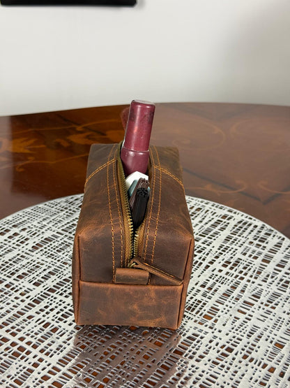 Genuine Leather Makeup Bag Brush Pouch Set, Waxed Grain Leather Cosmetic Bag