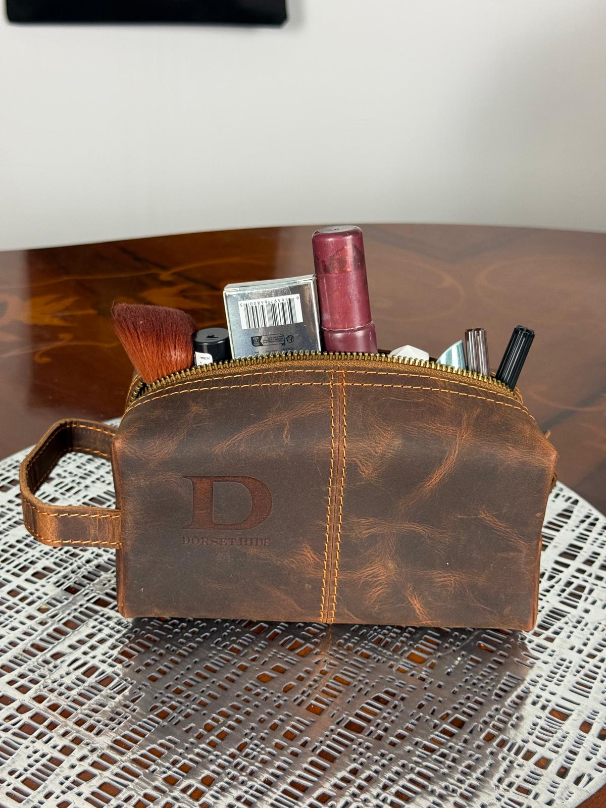 Genuine Leather Makeup Bag Brush Pouch Set, Waxed Grain Leather Cosmetic Bag