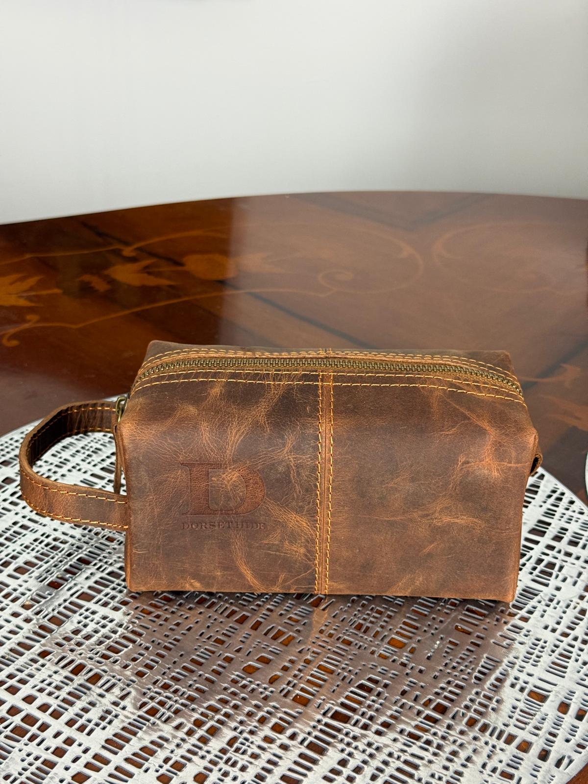 Genuine Leather Makeup Bag Brush Pouch Set, Waxed Grain Leather Cosmetic Bag