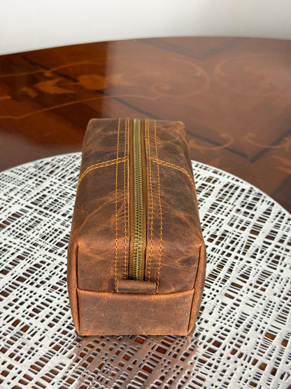 Genuine Leather Makeup Bag Brush Pouch Set, Waxed Grain Leather Cosmetic Bag