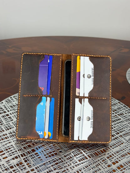 Handmade Unisex Genuine Leather Mobile Wallet Hand Stitched Phone Holder