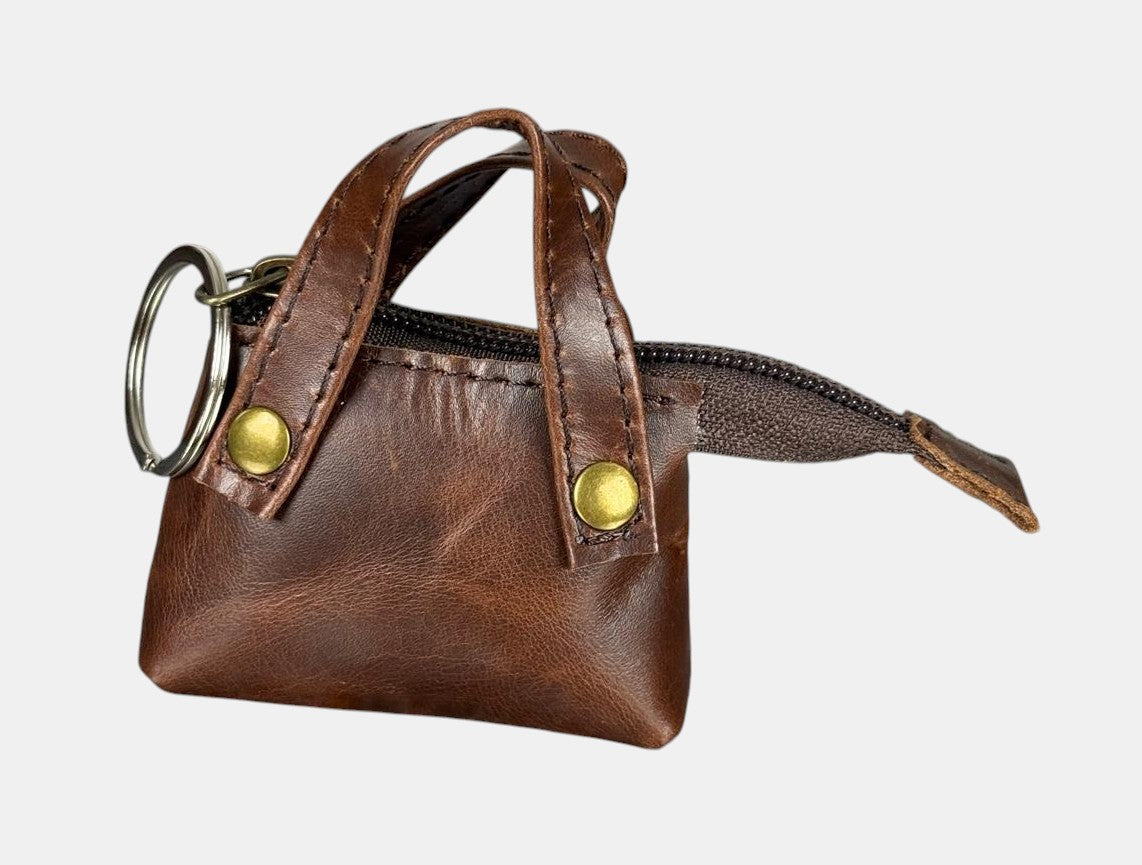 Personalized Genuine Leather Mini Bag Keychain, Custom Name Engraved Keyring Pouch, Coin Purse fob