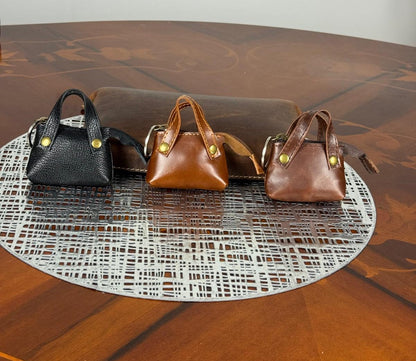 Personalized Genuine Leather Mini Bag Keychain, Custom Name Engraved Keyring Pouch, Coin Purse fob