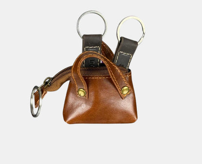 Personalized Genuine Leather Mini Bag Keychain, Custom Name Engraved Keyring Pouch, Coin Purse fob
