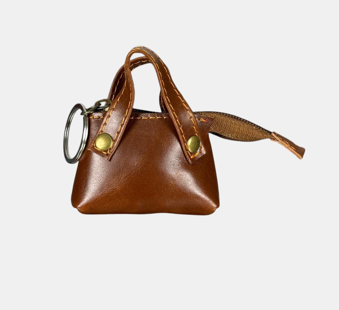 Personalized Genuine Leather Mini Bag Keychain, Custom Name Engraved Keyring Pouch, Coin Purse fob