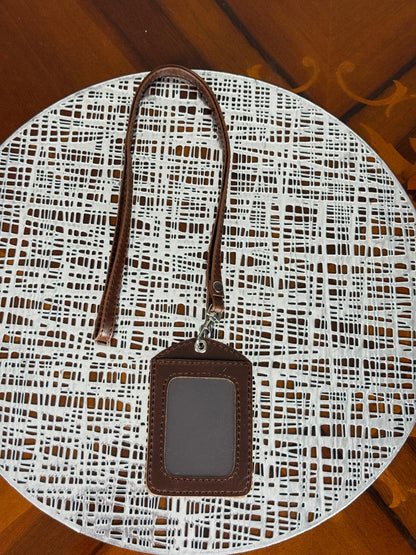 Personalized Genuine Leather Badge Holder with Lanyard • Custom ID Holder, Work Identity Sleeve