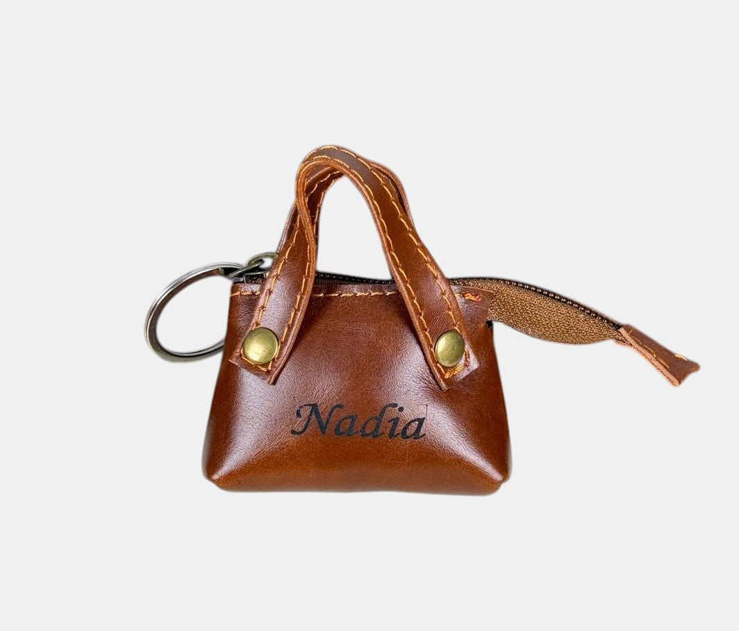 Personalized Genuine Leather Mini Bag Keychain, Custom Name Engraved Keyring Pouch, Coin Purse fob