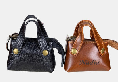 Personalized Genuine Leather Mini Bag Keychain, Custom Name Engraved Keyring Pouch, Coin Purse fob