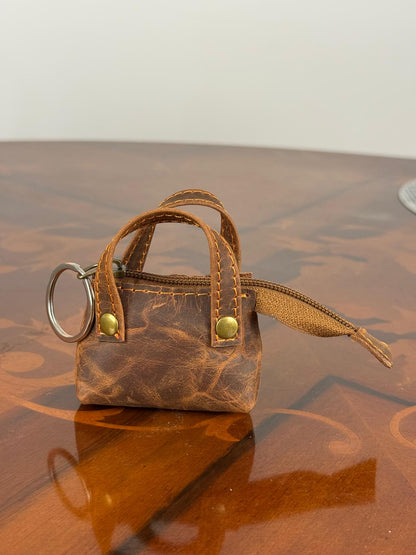 Personalized Genuine Leather Mini Bag Keychain, Custom Name Engraved Keyring Pouch, Coin Purse fob