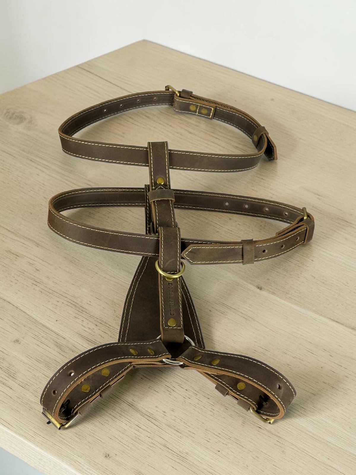 Genuine Leather 3-Point Harness | Convertible 2-Point Harness | Soft Strong Leather Body Harness | Antique Brass Hardware