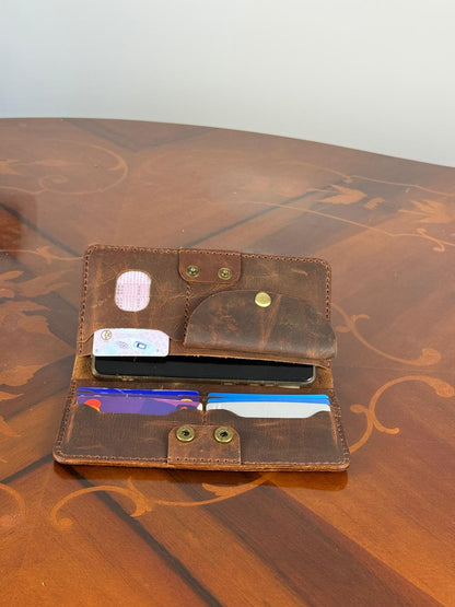 Personalise Handmade Unisex Leather Long Wallet, Waxed Cowhide Slim Wallet