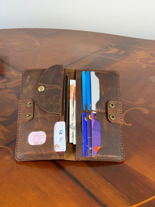 Personalise Handmade Unisex Leather Long Wallet, Waxed Cowhide Slim Wallet