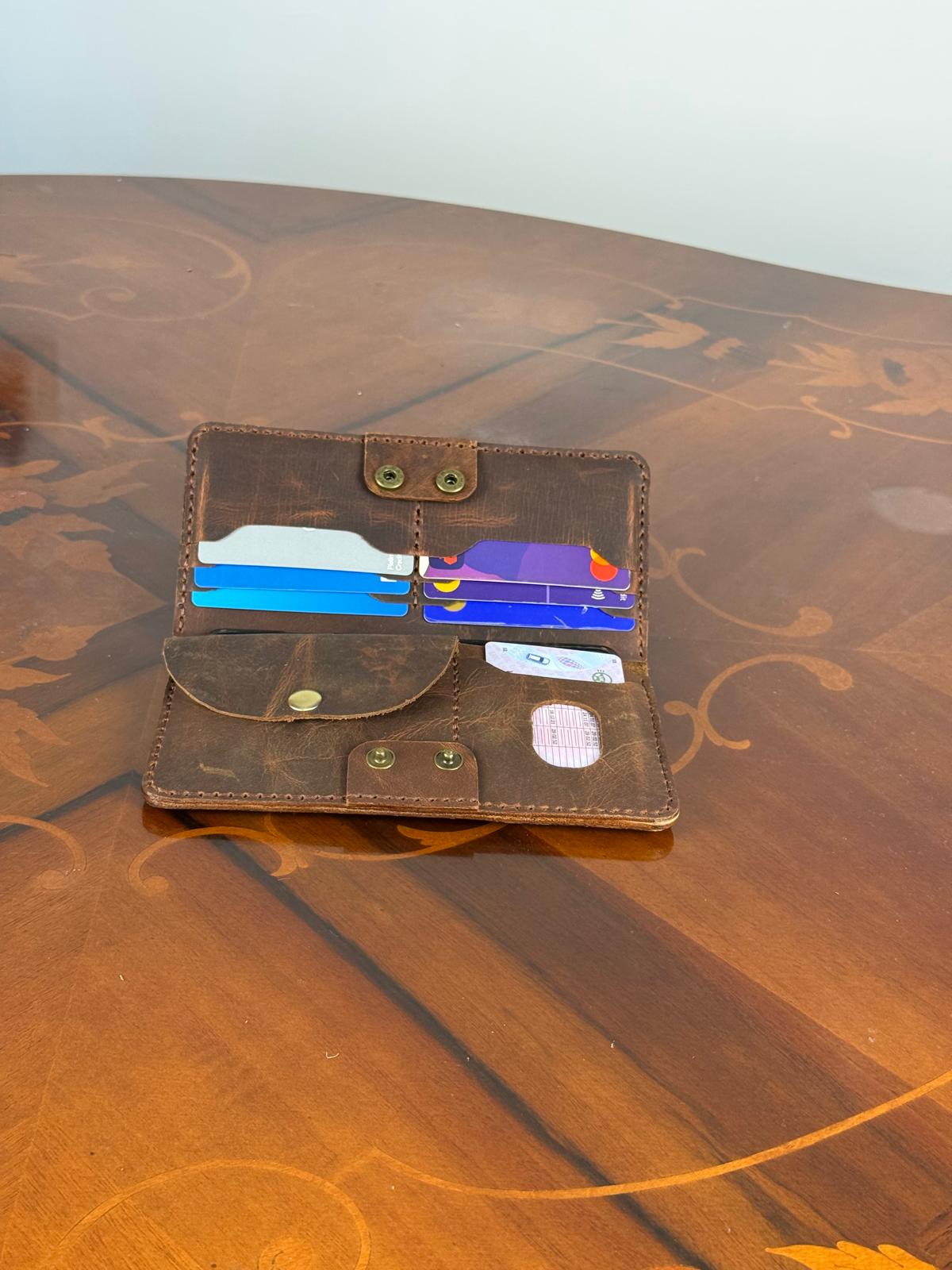 Personalise Handmade Unisex Leather Long Wallet, Waxed Cowhide Slim Wallet