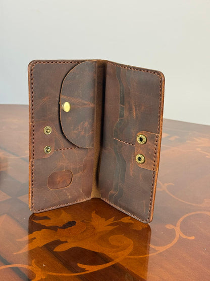 Personalise Handmade Unisex Leather Long Wallet, Waxed Cowhide Slim Wallet