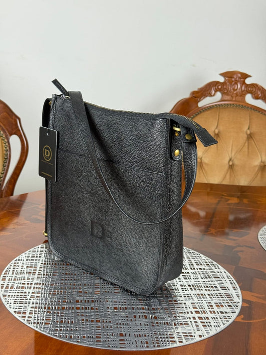 Genuine Leather Unisex Crossbody Bag with High-Quality Brass Accessories
