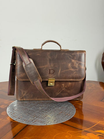 Genuine leather flap messenger laptop bag