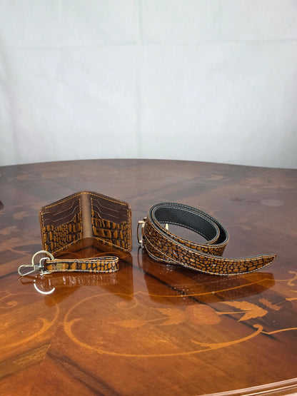 Genuine Cowhide Croco-Pattern Leather Wallet, Belt & Keyring Set